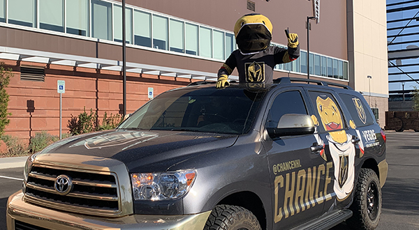 Chance mascot in a car